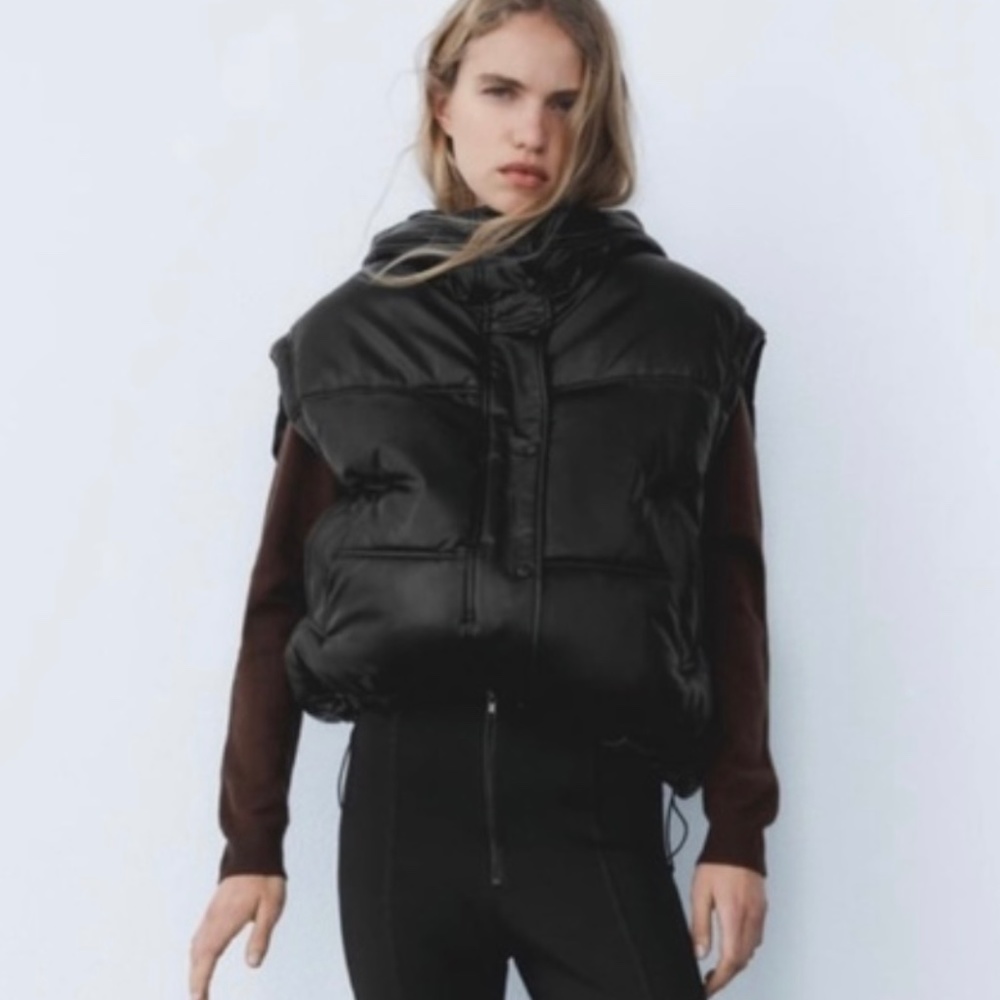 Zara Faux Leather Hooded Puffer Vest NWT